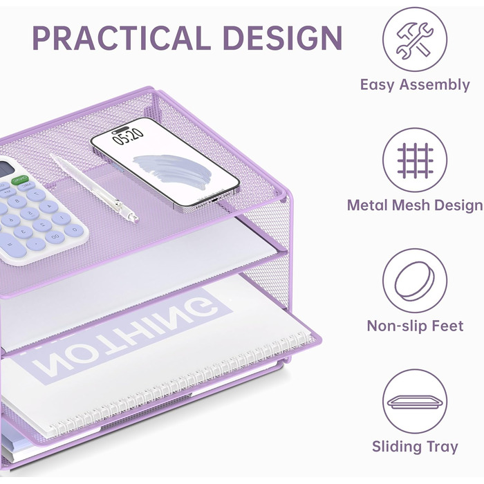 Лоток для листів DALTACK з 3 ярусами, органайзер для паперу, сітчастий металевий, настільний органайзер для дому та офісу, світло-фіолетовий світло-фіолетовий