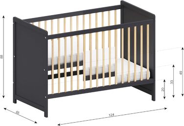 Дитяче ліжечко/спальне місце Love For Sleep 120x60 см із захисним бар&39єром, трансформоване, дитяче ліжко Tokyo кольору антрацит-сосна, дерев&39яне дитяче ліжко - Дитяче ліжко, трансформоване ліжечко, чорне