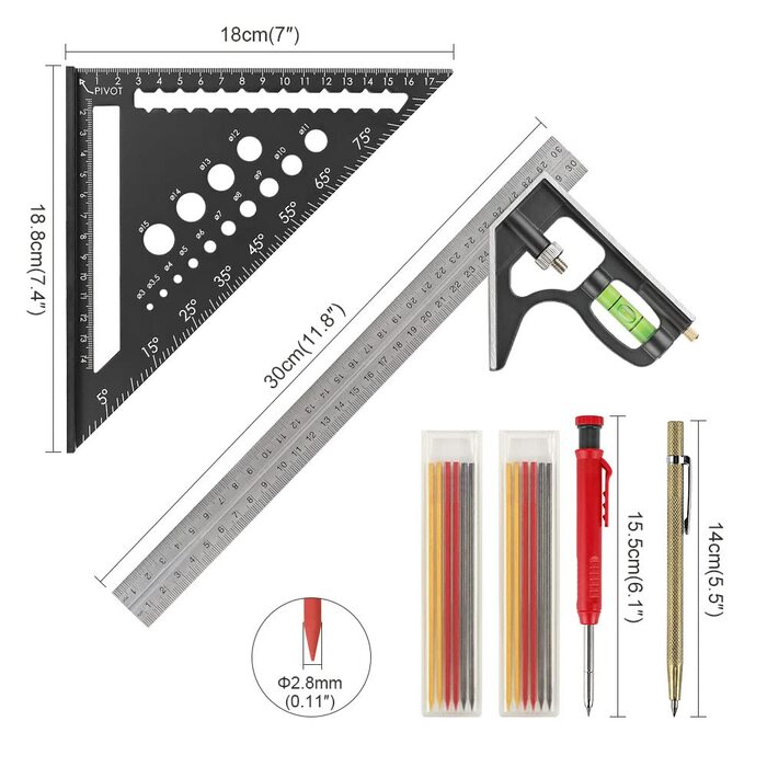 Кутник комбінований 300 мм, кутник столярний 180 мм, набір столярних олівців олівець12 грифелівголка для розмітки - багатофункціональний набір трикутних лінійок столярних для вимірювання та розмітки