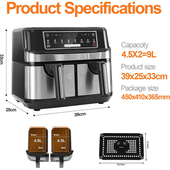 Аерофритюрниця двокамерна 9 літрів, фритюрниця XXL з 2 незалежними ящиками 4.5 л, 8 автоматичних програм, фритюрниця зі світлодіодним сенсорним екраном, функції Smart Finish & Match Cook