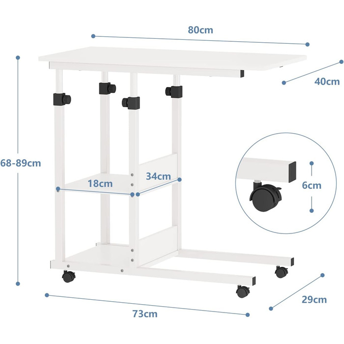 Журнальний столик Dripex з колесами, регульований по висоті стіл для ноутбука, виготовлений з дерева, столик для дивана, тумбочка, журнальний столик для спальні, вітальні, білий