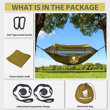 Оновлений гамак для вулиці 3-в-1 з москітною сіткою та сонцезахисним навісом, надлегкий кемпінговий гамак з вантажопідйомністю 200 кг для використання на свіжому повітрі, кемпінгу, походів, зелений