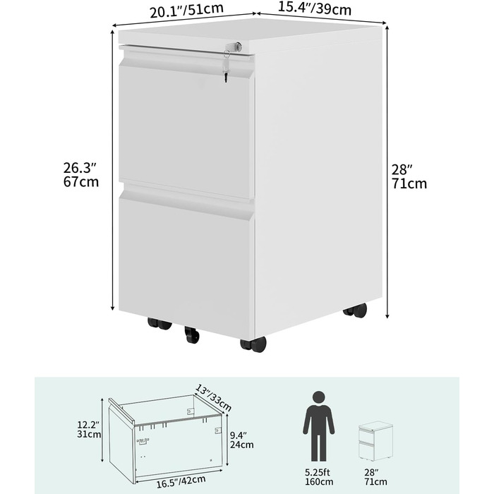 Шафа для файлів на колесах із 2 шухлядами, що замикаються, мобільна шафа для документів на колесах для формату A4, Legal, Letter, металева офісна шафа для домашнього офісу, підвісна система файлів, біла, 51 x 39 x 71 см