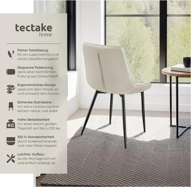 Стільці для обіду tectake, комплект з 2 шт., м&39яке крісло, кухонне крісло, крісло для вітальні, крісло для туалетного столика, ергономічне крісло з оксамитовою спинкою та сидінням, чорні металеві ніжки - кремові, комплект з 2 шт.