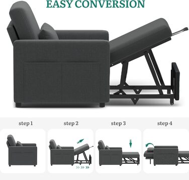 Крісло-ліжко з функцією сну 19288, розкладний диван-ліжко 3-в-1, регульоване одномісне крісло з подушкою та бічною кишенею, диван з функцією сну для вітальні-квартири, темно-сірий