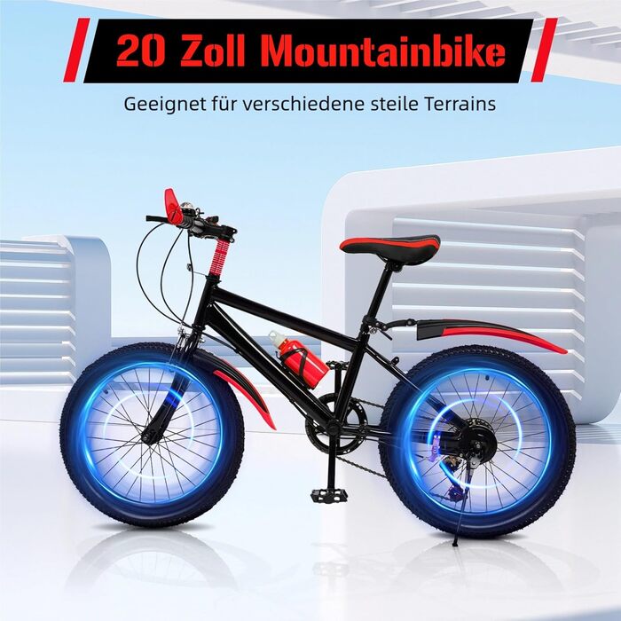 Дюймовий дитячий гірський велосипед для хлопчиків та дівчаток, 7-швидкісний гірський велосипед з бризковиками, пляшкою для води, дзвінком-компасом, вантажопідйомність 85 кг, вік 8-13 років, червоний, 20-