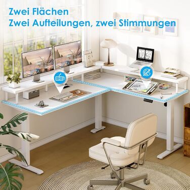 Кутовий письмовий стіл OffiGo, регульована висота, 150x120 см, стіл з регульованою висотою та розеткою, електричний L-подібний стіл з підставкою для монітора, білий 150 x 120 см