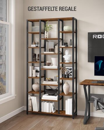 Книжкова полиця Hzuaneri, стояча полиця з 7 рівнями та 18 полицями, регульовані відкриті полиці, для вітальні, офісу, спальні, 30 x 100 x 202 см, вінтажний коричнево-чорний, BC15601B 30 x 100 x 202 см вінтажний коричнево-чорний
