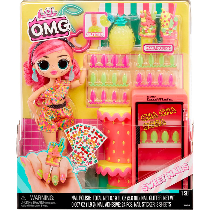 Сюрприз OMG Sweet Nails Fruit Shop Pinky Pops 15 сюрпризів, включаючи справжній лак для нігтів, накладні нігті, наклейки, блискітк