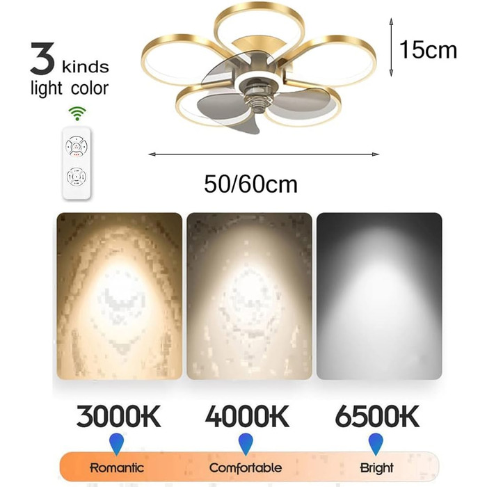 Сучасний стельовий вентилятор з підсвічуванням, прихований монтаж, світлодіодне затемнення в 3 кольорах з пультом дистанційного ке