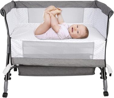 Дитяче ліжко Supfine Cododo 3-в-1 з матрацом та москітною сіткою, регульована висота, мобільна дитяча колиска для новонароджених/немовлят, ліжко Cododo з кошиком для зберігання (сірий лляний колір, 104 * 52 * 100-110 см) 104*52*100-110 см лляний сірий кол