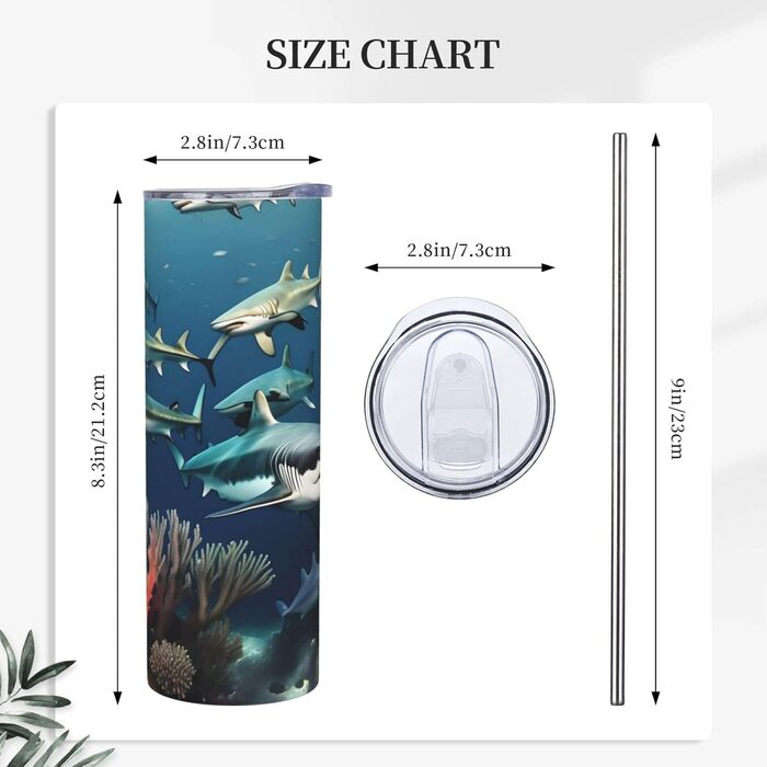 Кружка з прямою трубочкою, дизайн акули під водою, принт, підходить для кемпінгу, офісу та дому, 590 мл
