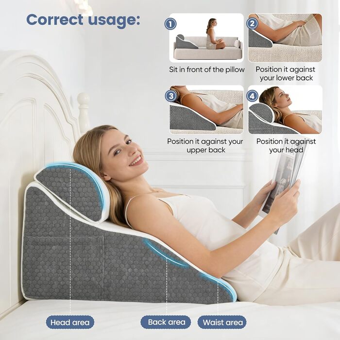 Подушка для читання для ліжка та дивана, ергономічна подушка для спини, регульована клиноподібна подушка з піною з ефектом пам&39яті для підтримки спини під час відпочинку, гри, читання або перегляду телевізора