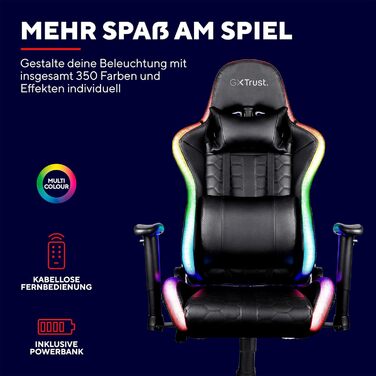 Ігрове крісло Trust Gaming GXT 716 Rizza з RGB-світлодіодним підсвічуванням, 350 кольорами та ефектами, регульованими по висоті підлокітниками, поворотним, ергономічним офісним кріслом, геймерським кріслом - чорного кольору