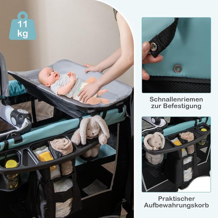 Дорожнє ліжечко з матрацом, дитяче ліжечко 6-в-1, дорожнє ліжечко з колискою, пеленальний столик, сумка для зберігання, музична скринька, підвісні іграшки, колеса, що блокуються, для дітей від 0 до 36 місяців (зелене)