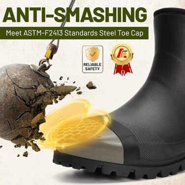 Чоловічі гумові чоботи Furuian зі сталевим носком, робочі чоботи до щиколотки, гумові робочі чоботи-челсі, водонепроникні, грязьові, нековзні, будівельні черевики для сільського господарства, промисловості, роботи, полювання, 47 EU, чорні