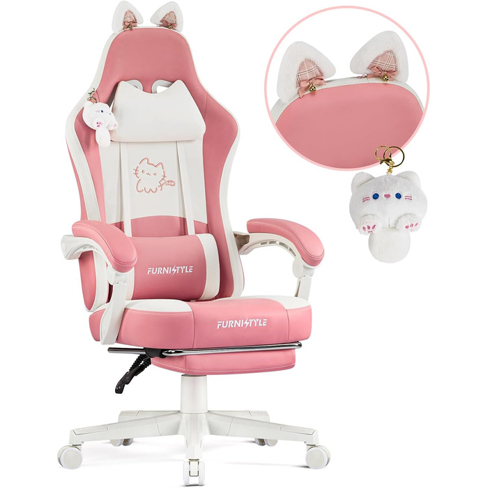 Миле ігрове крісло Hellove з котячими вушками, ергономічне комп&39ютерне крісло з високою спинкою та поперековою опорою, ігрове крісло з підставкою для ніг для дівчаток, підлітків, дітей, шкіра синтетична, рожево-біле