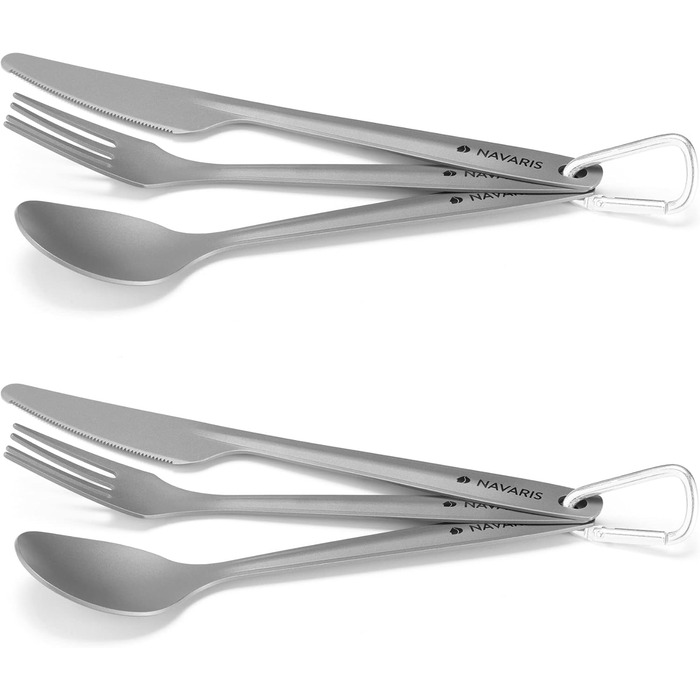 Набір столових приборів для кемпінгу Navaris 2 шт. Titanium, 3 предмети - ніж, виделка, ложка, включаючи чохол - надлегкий набір столових приборів 3-в-1 - набір столових приборів для подорожей з 2 предметів, сірого кольору