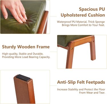 Невеликий пуф-табурет, прямокутний пуф-підставка зі штучної шкіри з м&39яким сидінням та дерев&39яними ніжками, сучасний низький пуф-підставка для вітальні/спальні, темно-зелений WBD013GR, 10.2H