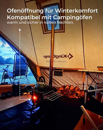 Намет для глемпінгу KingCamp, намет-дзвін для 6-12 осіб, 4-6,7 м, чиста бавовна/TC бавовна, водонепроникний, сімейний намет для відпочинку на природі з ПВХ-підкладкою, фестивальний намет для сімей та кемпінгових груп KHAN 4M T/C 210g Base Camp