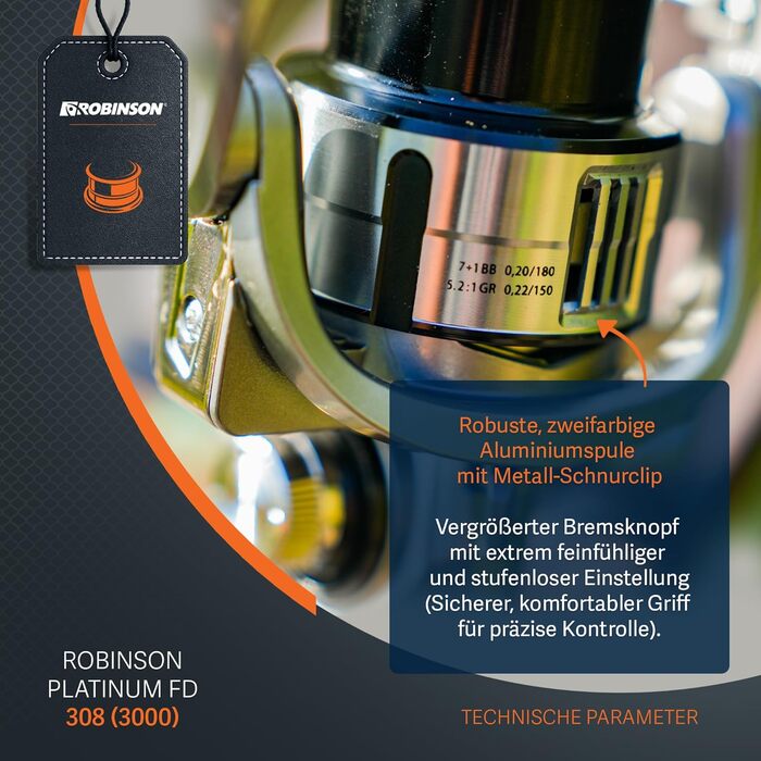 Котушка для спінінгу Robinson з 8 кульковими підшипниками - антиреверс - графітовий корпус - алюмінієва шпуля - передавальне число 5.21 - гальмівний вал 8 кг - котушка для спінінгу - Platinum 3000