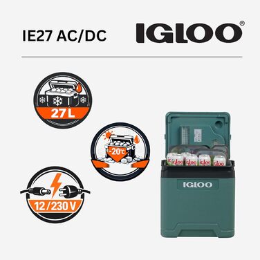 Автомобільний холодильник IGLOO IE27, 27 л, 12В/230В компактний портативний міні-холодильник для авто, кемпінгу, подорожей та фестивалів, з режимами Eco/Max та відсіком для кабелю, зелений
