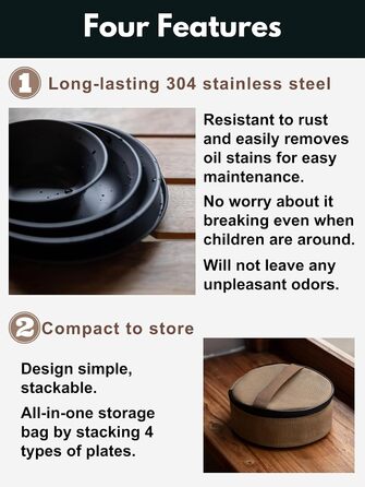 Набір посуду для кемпінгу CAMPINGMOON, нержавіюча сталь, тарілки, миски, штабельовані, посуд для активного відпочинку, сумка з тканини, для кемпінгу, піших прогулянок, пікніків (4 предмети, чорний колір з титановим покриттям)