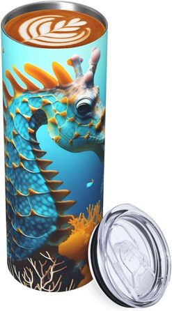 Кухоль з прямою трубочкою, 590 мл, принт синього морського коника, дорожній кухоль, підходить для кемпінгу, офісу та дому