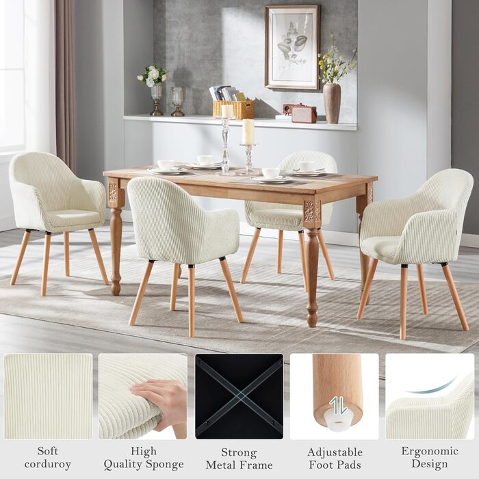 Обідні стільці WOLTU, комплект з , для спальні, кухні, вітальні, м&39які кухонні стільці, сучасні, з підлокітниками, ніжки з масиву дерева, вельветове сидіння, кремово-білий колір, комплект з