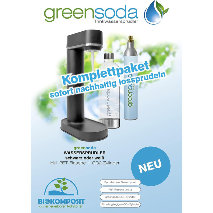 Виробник газованої води greensoda (чорний) - екологічна газована вода без пластику - повний пакет, включаючи балон CO2 та 1 літрову ПЕТ-пляшку