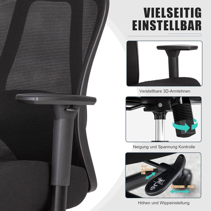 Ергономічне офісне крісло UEV 230 кг, регульована поперекова опора/підлокітники, дихаюча сітчаста оббивка, потовщена подушка сидіння 15 см, крісло для домашнього офісу, стілець для роботи, обертове крісло, чорний колір