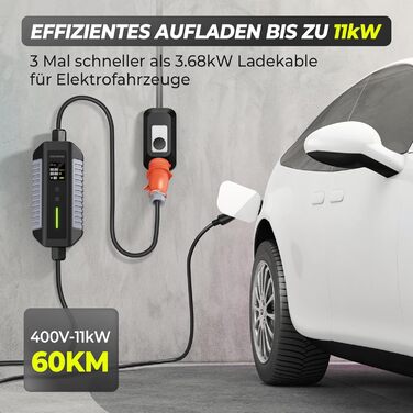 Зарядний кабель типу 2 11 кВт з вилкою CEE, 7M 6-16A 3-фазний з регульованою потужністю зарядки, мобільний настінний блок / зарядн