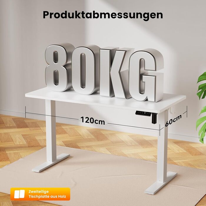 Стіл з регульованою висотою, електричний комп&39ютерний стіл 120 x 60 см, стіл для роботи сидячи та стоячи з 4 положеннями пам&39яті, стіл для роботи стоячи з 2 гачками для офісу, з&39єднувальна пластина, білий 120 x 60 см