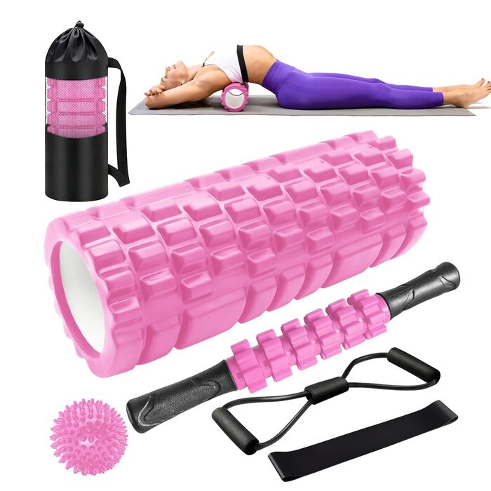 Ролик для фасції, Qveetry 6 в 1 пінопластовий ролик, набір роликів для фасції з масажною роликовою палицею, стрічки опору для силових тренувань, масажний м&39яч, фітнес-стрічки, пінопластовий ролик 33 см для йоги, пілатесу, спорту, рожевий