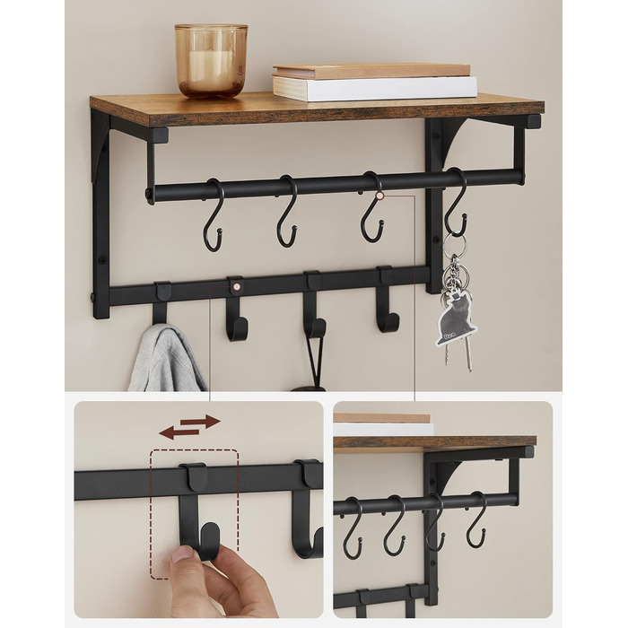 Настінна вішалка VASAGLE, меблі для передпокою, вішалка для верхнього одягу, з 8 гачками і полицею, для вітальні, передпокою, спал
