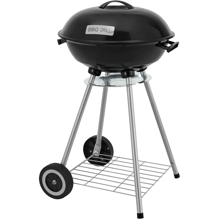 Гриль-барбекю Apricena на вугіллі, круглий, з візком, решітка з емальованої нержавіючої сталі, садовий гриль, 2 колеса, знімний кришка, 80 x 49 x 47 см, чорний