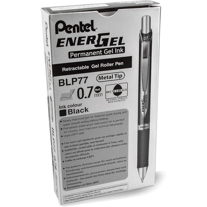 Ручка Pentel LRP7-AX Refill для ручок EnerGel, 12 шт. , 0,7 мм, чорна & EnerGel Document BLP77-AX Гелева ручка, чорна, ширина лінії 0,7 мм, світлостійке чорнило - безпечно для документів за стандартом ISO 27668-2 чорний Пучок з гелевим роликовим м'ячем, ч