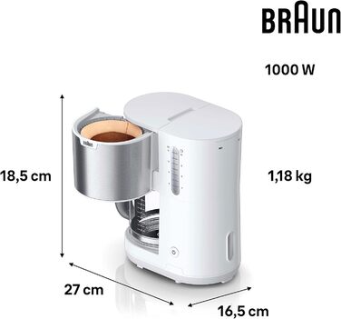 Побутова кавоварка Braun PurShine KF 1500 WH - кавоварка з фільтром зі скляним глечиком на 10 чашок, система OptiBrew, автоматичне вимкнення, 1000 Вт, білий, KF1500WH