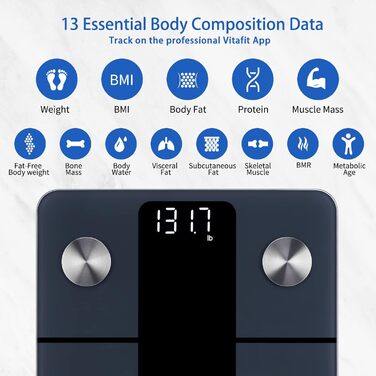 Персональні ваги Vitafit Body Fat Scale з додатком 180 кг, шкала складу тіла з Bluetooth, ваги для людей з жиром і м'язовою масою, ІМТ, білок, BMR, чорна шкала жиру в організмі чорна