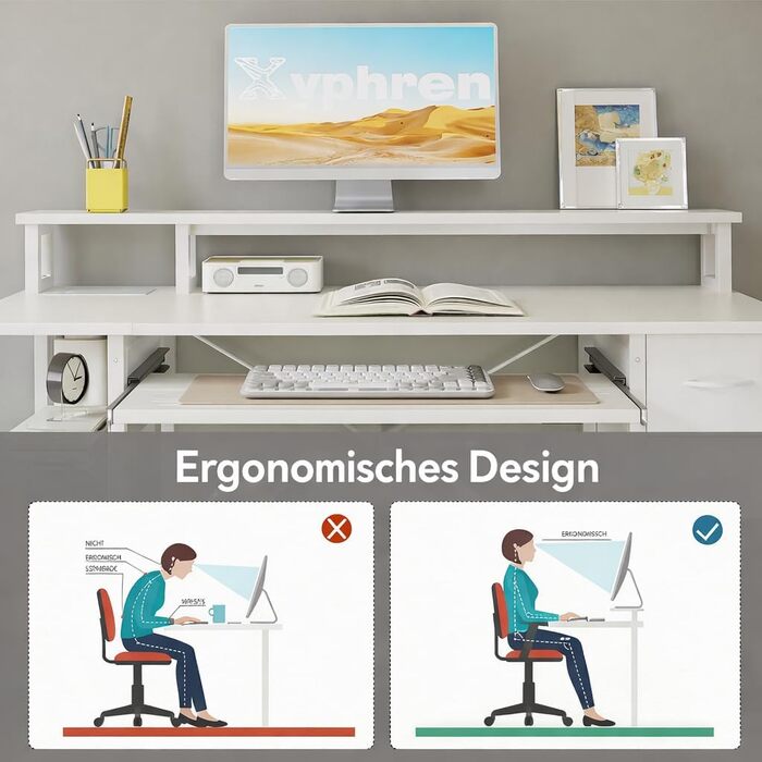 Письмовий стіл з 2 шухлядами, 120 x 50 см, комп&39ютерний/ігровий стіл з підставкою для клавіатури, регульованою по висоті бічною полицею, підставкою для монітора та розеткою для домашнього офісу та вітальні, білий, 120 x 50 см