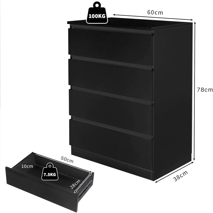 Комод LEADZM, комод для спальні з 4 місткими шухлядами, вітальня, спальня, коридор, шафа, сервант, 60 x 38 x 78 см, чорний 38Г x 60Ш x 78В см (4 шухляди) чорний без ручки