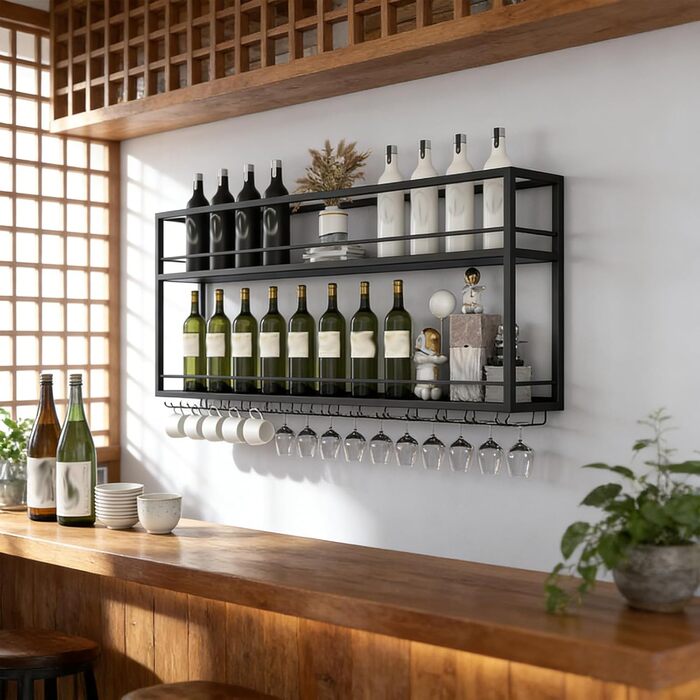 Промислова настінна винна підставка з тримачем для келихів, чорний металевий тримач для пляшок, багатофункціональна винна підставка, 2-ярусна, для домашнього бару, їдальні, кухні (1002065 см)
