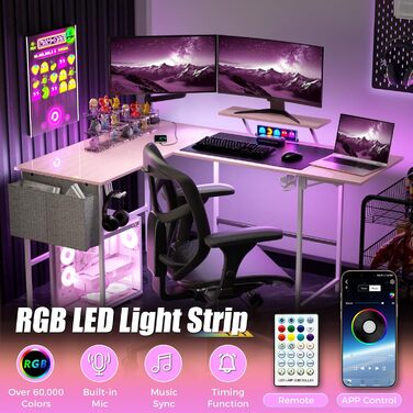 Ігровий стіл із розумним світлодіодним освітленням, L-подібний стіл із подовжувачем для домашнього офісу, кутовий стіл 120-150 см з розеткою, сумка для зберігання, підставка для монітора, білий
