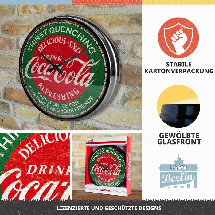 Ретро-настінний годинник Nostalgic-Art, Ø 31 см, Coca-Cola Thirst Quenching Green ідея подарунка для фанатів Coke, оригінальний ліцензійний продукт (OLP), великий кухонний годинник у вінтажному дизайні