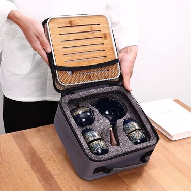 Набір для чайної церемонії Лурьєр, порцеляновий, з обертовим чайником на 360 та ситечком, портативний, в подарунковій сумці ідеальний подарунок для подорожей, дому та відпочинку на природі, блакитний з квітковим орнаментом