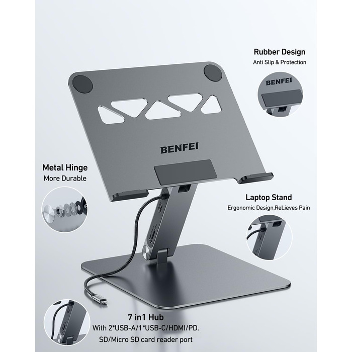 Підставка для ноутбука з 7-в-1 USB-C док-станцією HDMI (4K60Hz), 1SD та 1Micro SD кардридер, живлення 100W, 10Gbps (1USB-C & 2USB-A 3.2) для MacBook Pro/Air, iPad Pro, XPS та ThinkPad