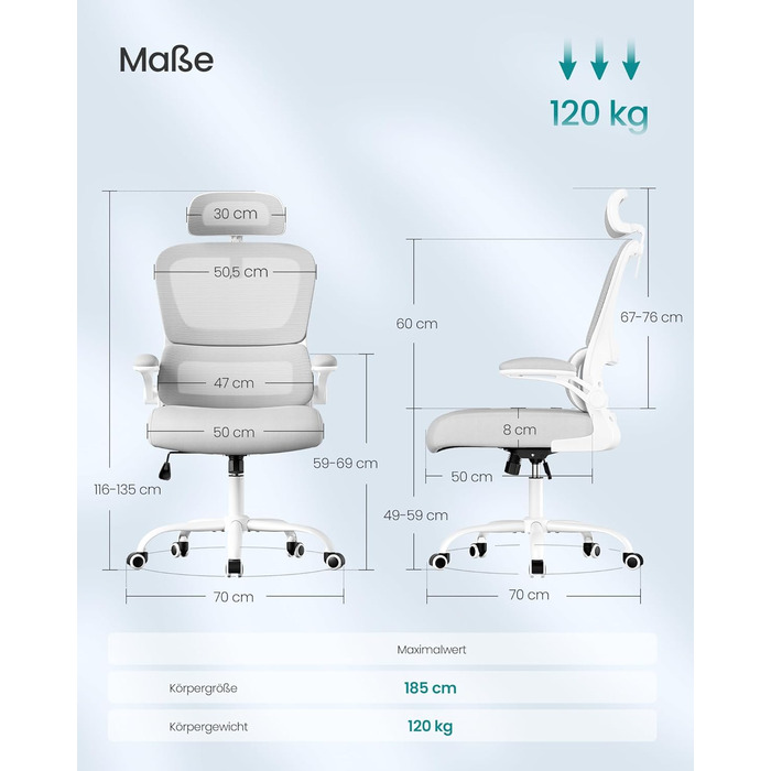 Офісний стілець SONGMICS, стілець для столу, ергономічний сітчастий стілець, з двошаровою сітчастою тканиною, повітропроникний, адаптивна поперекова підтримка, регульований підголівник, для домашнього офісу, колір голубий сірий OBN041G01 з підголівником