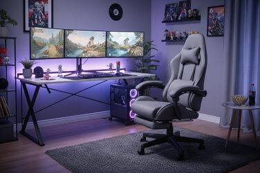 Геймерське крісло з підставкою для ніг мякі підлокітники регульована висота масажна подушка сірий