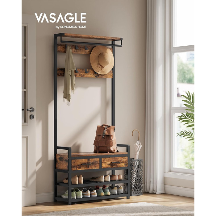 Вішалка для одягу VASAGLE з лавкою для взуття, шафа, місце для зберігання взуття, 2 шухляди для тканини, 10 гачків, 6 бічних гачків, 30 x 80,4 x 181,6 см, вінтажний коричневий-чорний HSR429B01 Вінтажний коричневий, чорнильний