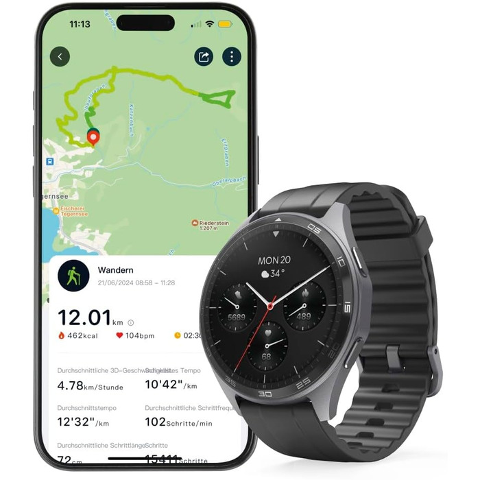 Розумний годинник Hama (кольоровий AMOLED-дисплей 1,43 дюйма, GPS, функція телефону, водонепроникний, WhatsApp, голосовий помічник, трекер сну, 110 спортивних режимів плани тренувань, крокомір, пульсометр, калорії тощо) чорний